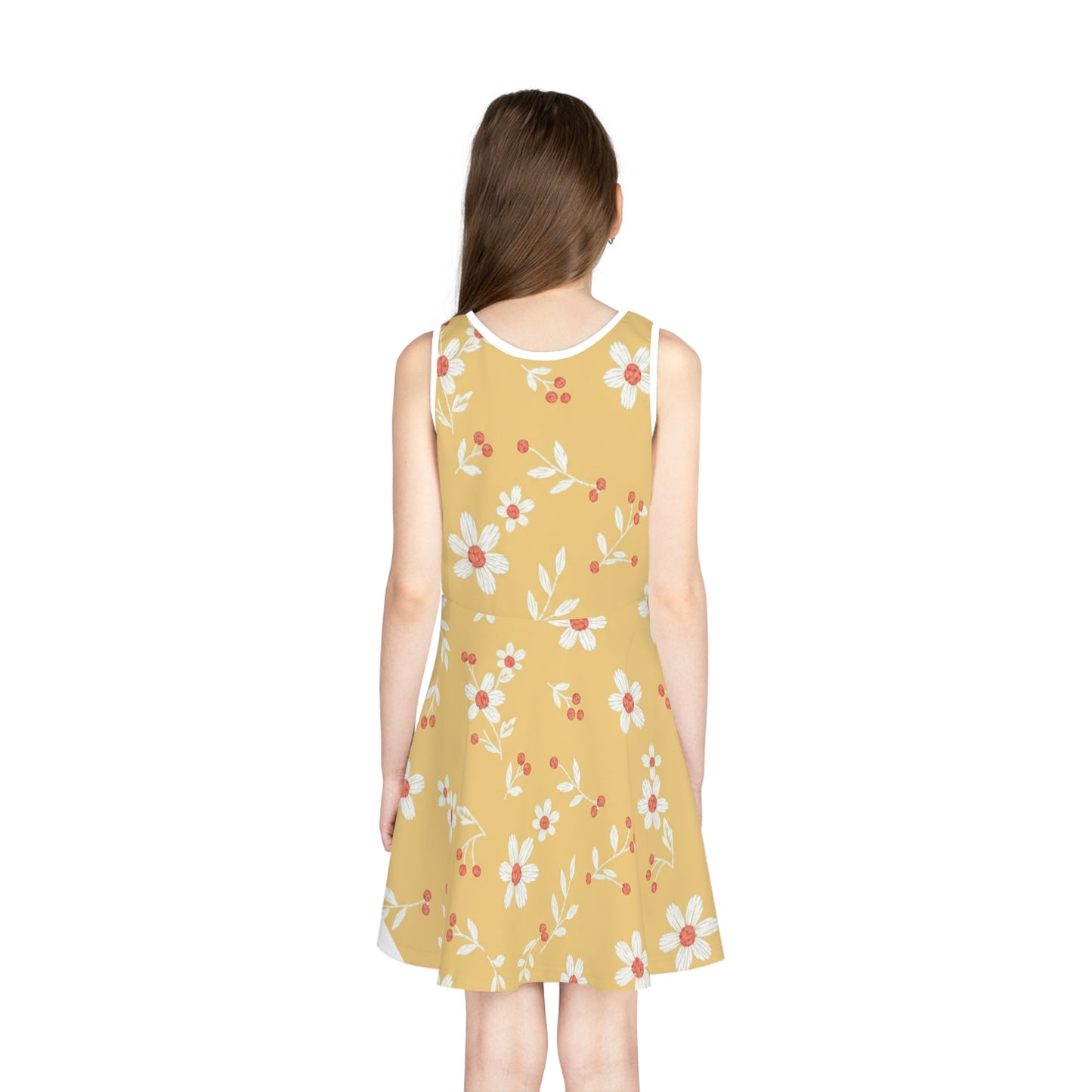 Girls Yellow Daisy Sundress – Cute Kids Sleeveless Twirl Dress for Summer & Playdates Seam thread color automatically matched to design