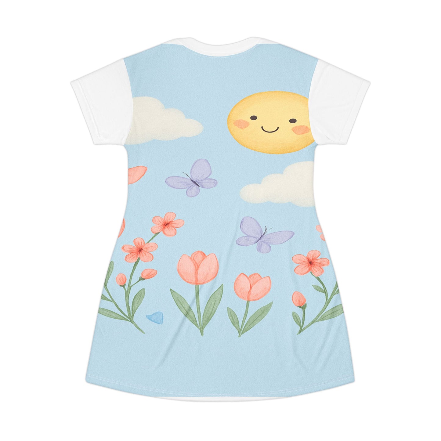 Sunny Spring Floral T‑Shirt Dress – Cute Sun, Butterflies & Tulips All-Over Print | Light Spring & Summer Dress
