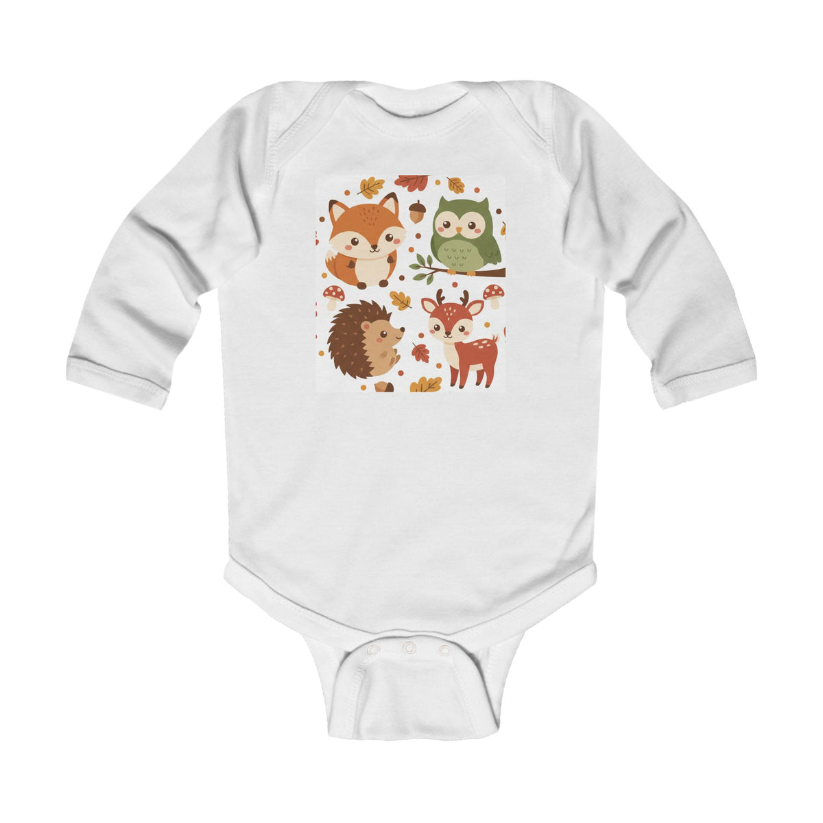 Baby Woodland Bodysuit – Fox, Owl & Deer Autumn Infant Onesie White