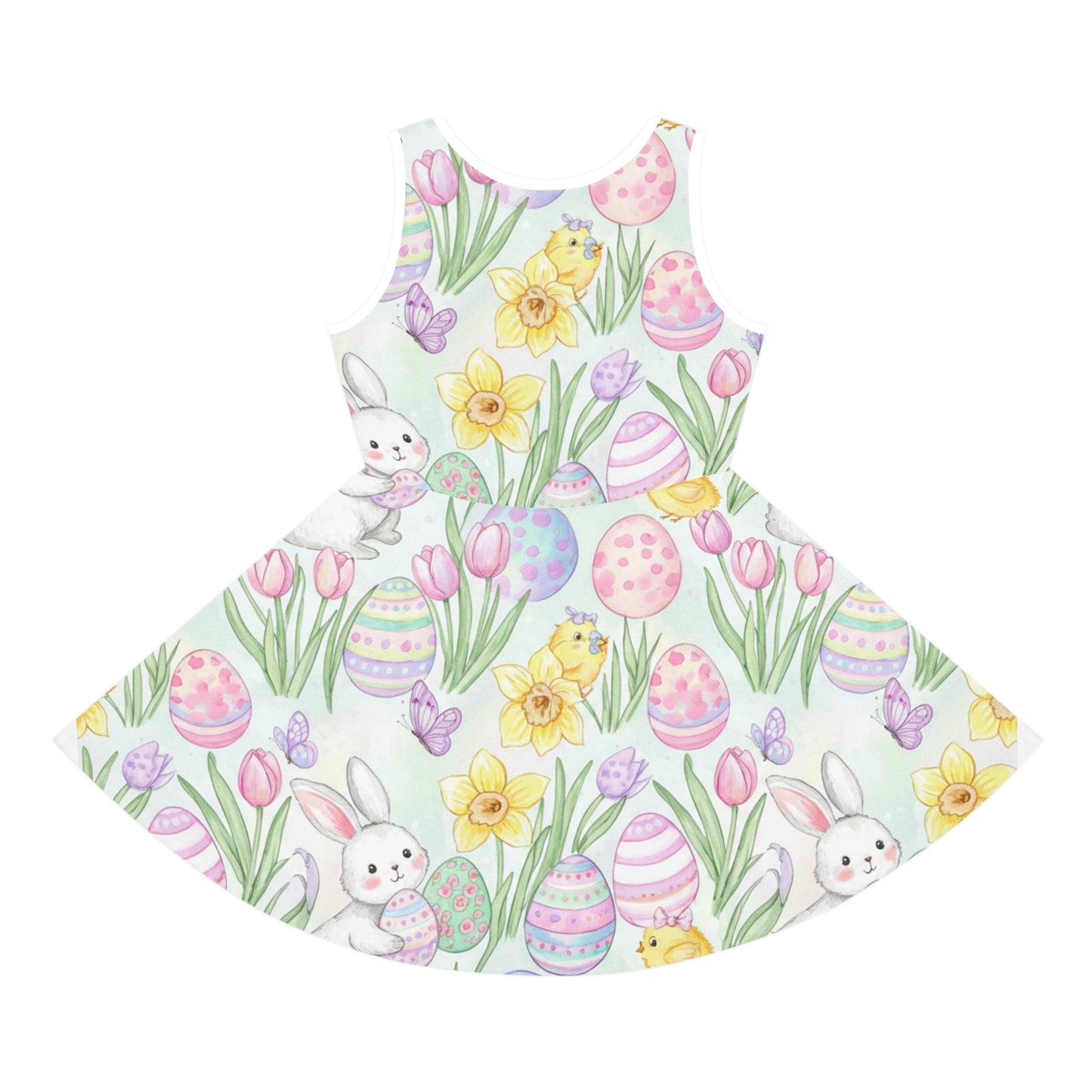 Girls Easter Bunny & Painted Eggs Sundress – Cute Kids Sleeveless Spring Dress with Tulips & Daffodils Seam thread color automatically matched to design