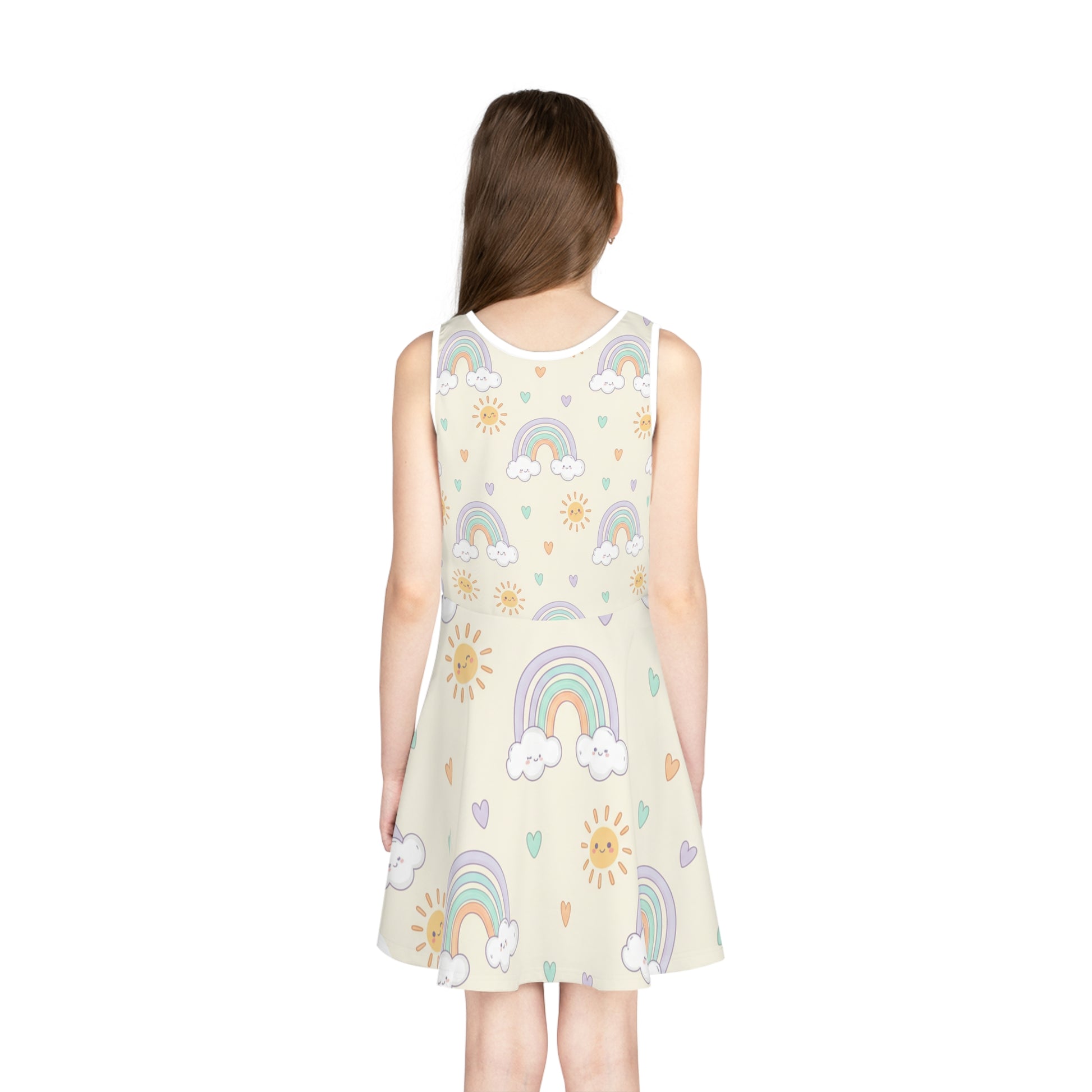 Girls Rainbow Sundress – Cute Kids Pastel Sun & Clouds Twirl Dress for Toddlers & Little Girls Seam thread color automatically matched to design