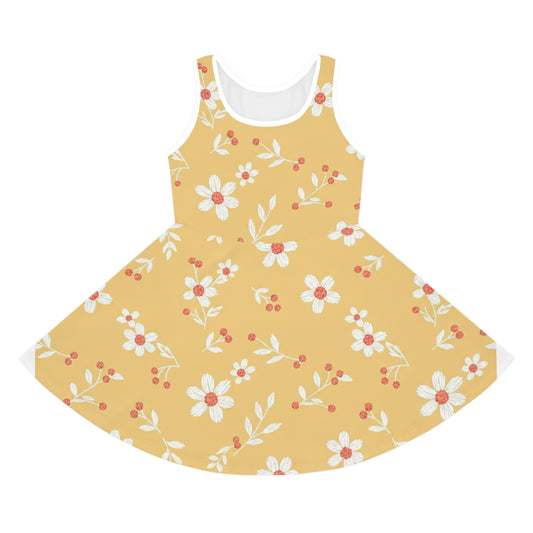 Girls Yellow Daisy Sundress – Cute Kids Sleeveless Twirl Dress for Summer & Playdates Seam thread color automatically matched to design