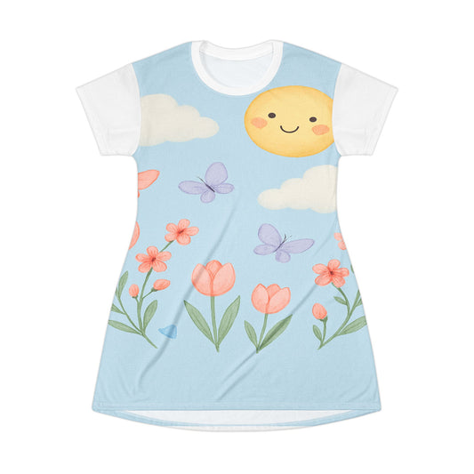 Sunny Spring Floral T‑Shirt Dress – Cute Sun, Butterflies & Tulips All-Over Print | Light Spring & Summer Dress