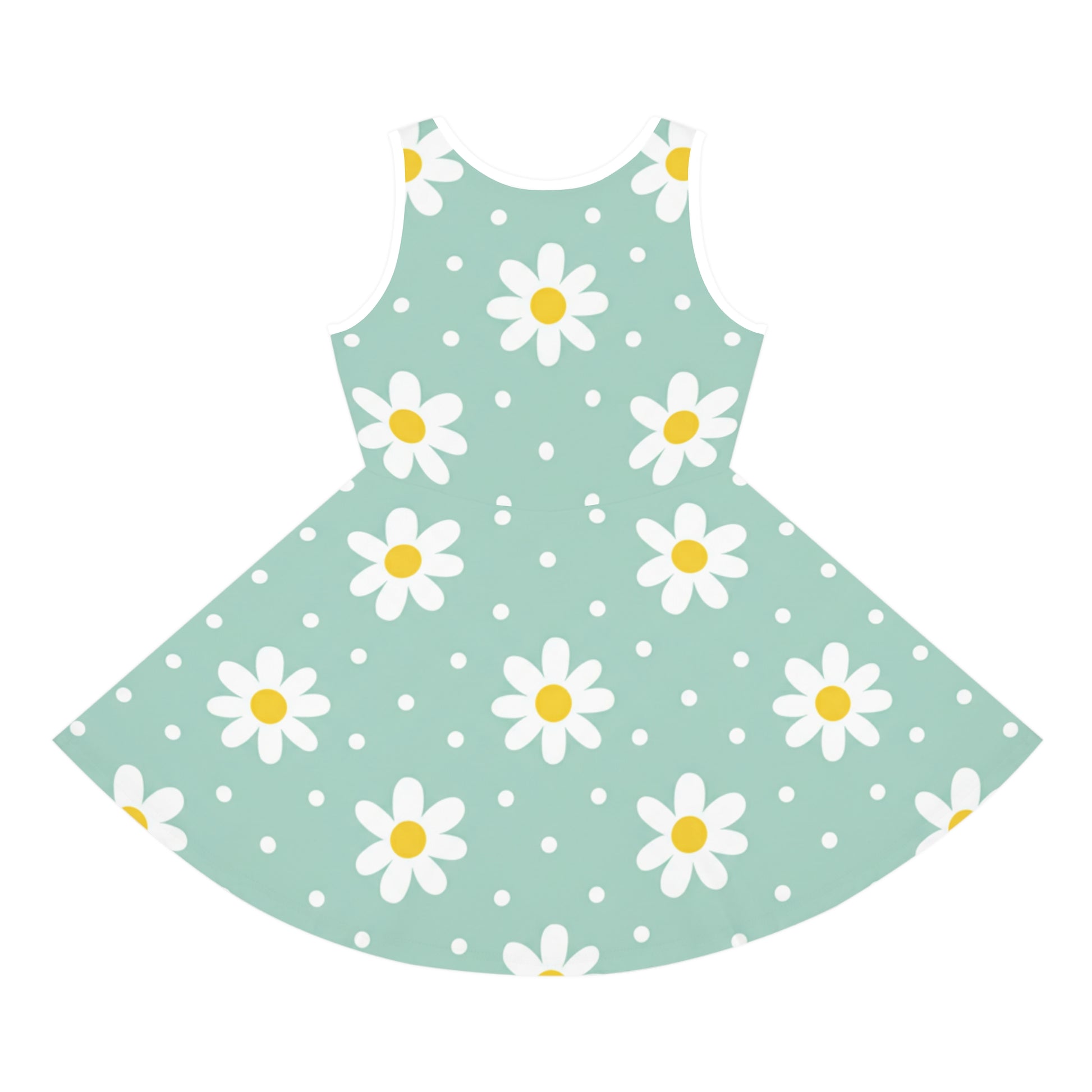 Girls Mint Daisy Polka Dot Sundress – Cute Kids Sleeveless Floral Dress for Summer Seam thread color automatically matched to design