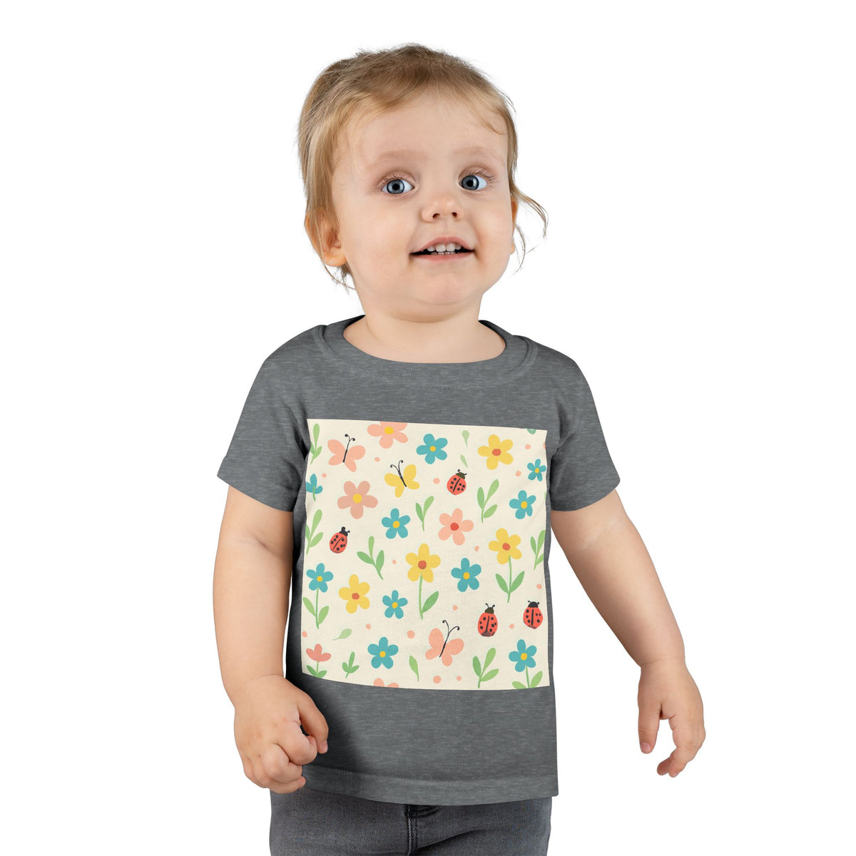 Kids T-Shirt – Cute Floral Ladybug Pattern Tee | Soft Cotton Kids Spring Top for Playdates & Preschool Heather Royal 4T