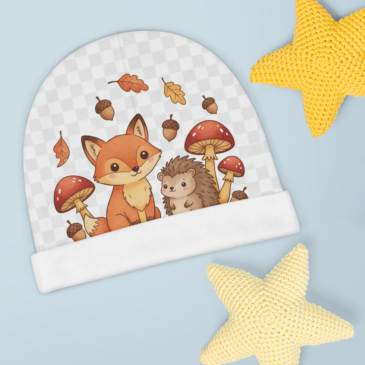 Kids Woodland Baby Beanie – All-Over Print Autumn Hat for Infants One size White