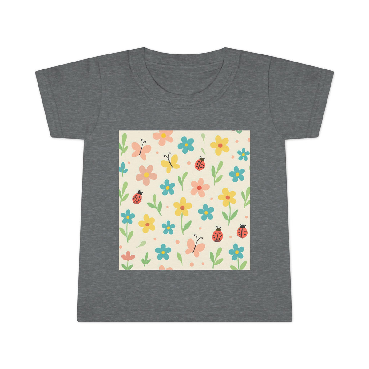 Kids T-Shirt – Cute Floral Ladybug Pattern Tee | Soft Cotton Kids Spring Top for Playdates & Preschool Graphite Heather 5T