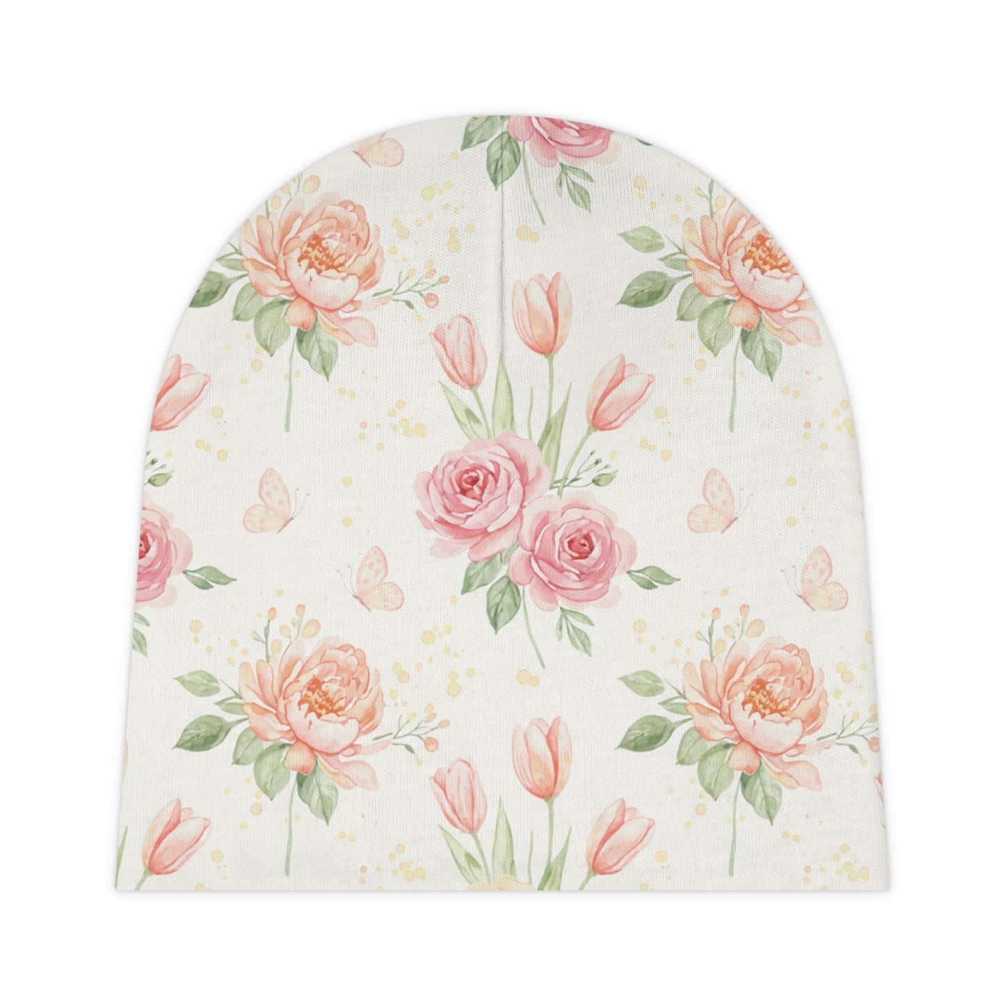 Floral Baby Beanie – Pink Watercolor Roses & Tulips Newborn Hat for Girls One size White