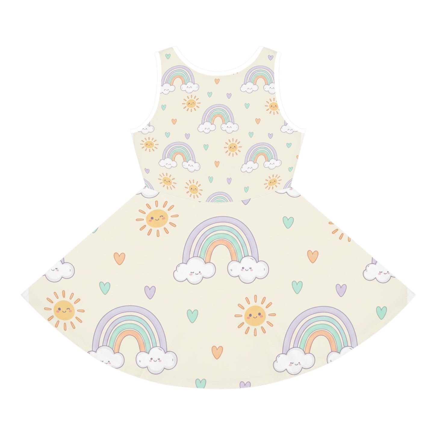 Girls Rainbow Sundress – Cute Kids Pastel Sun & Clouds Twirl Dress for Toddlers & Little Girls Seam thread color automatically matched to design