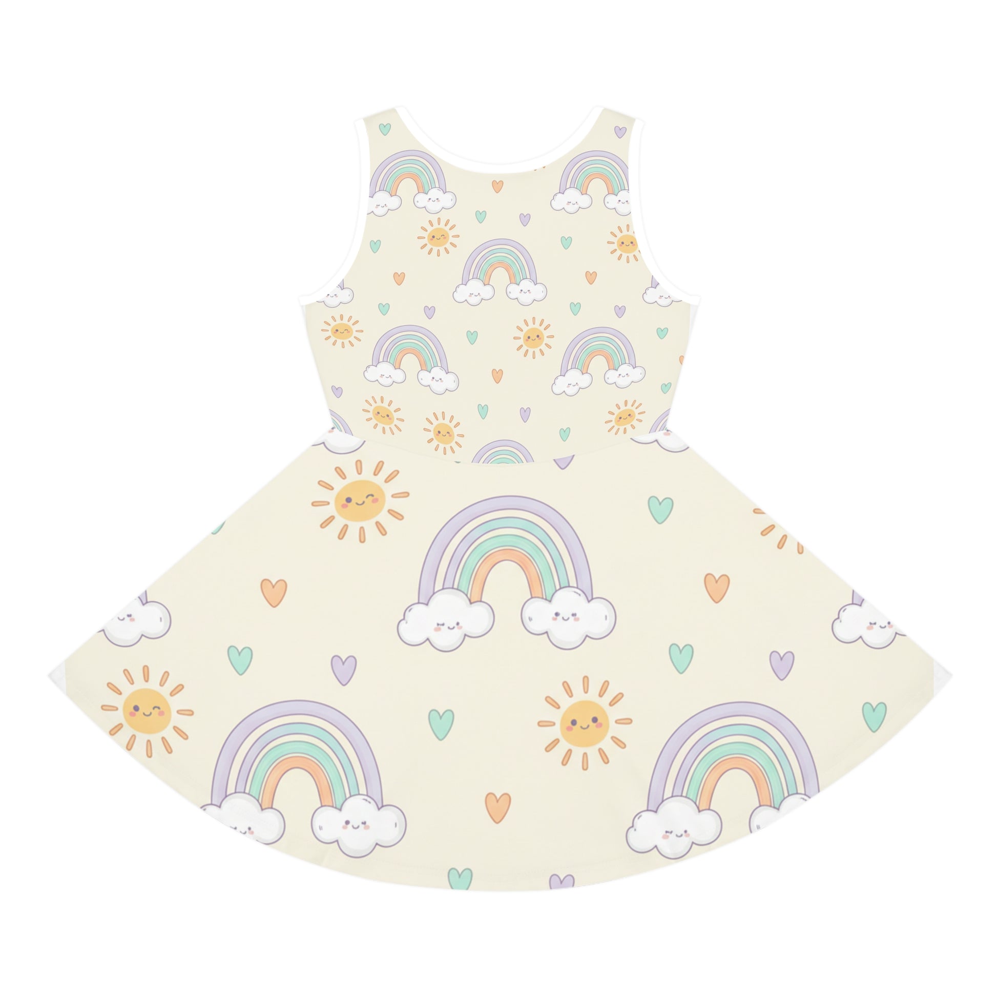 Girls Rainbow Sundress – Cute Kids Pastel Sun & Clouds Twirl Dress for Toddlers & Little Girls Seam thread color automatically matched to design