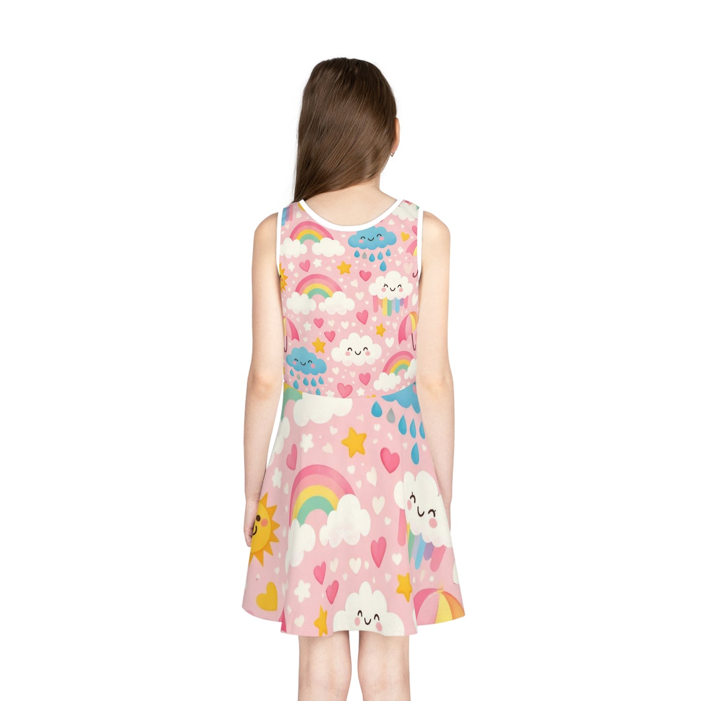 Girls Rainbow Cloud Sundress – Cute Kids Pink Kawaii Summer Dress for Toddlers & Little Girls Seam thread color automatically matched to design