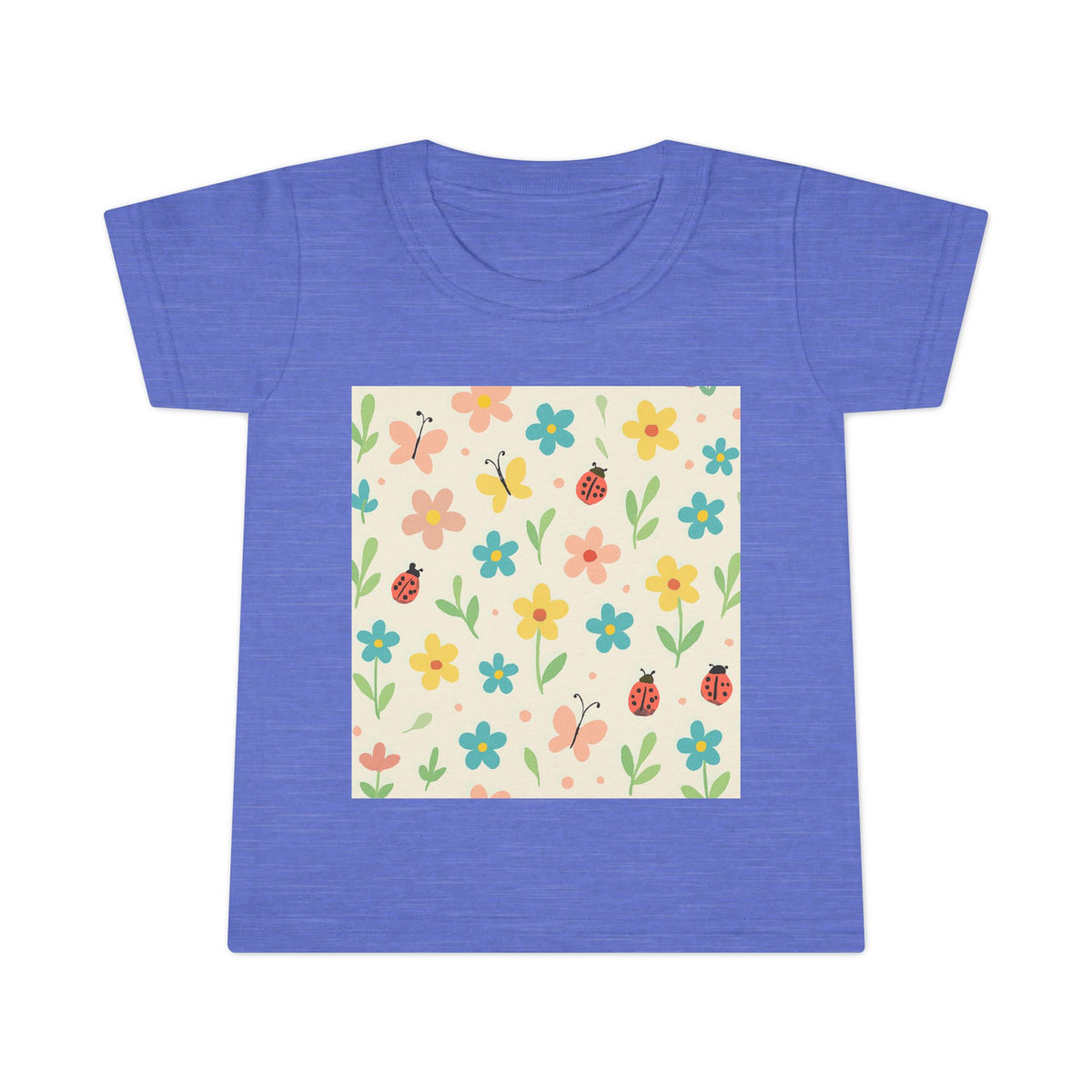 Kids T-Shirt – Cute Floral Ladybug Pattern Tee | Soft Cotton Kids Spring Top for Playdates & Preschool Heather Royal 4T