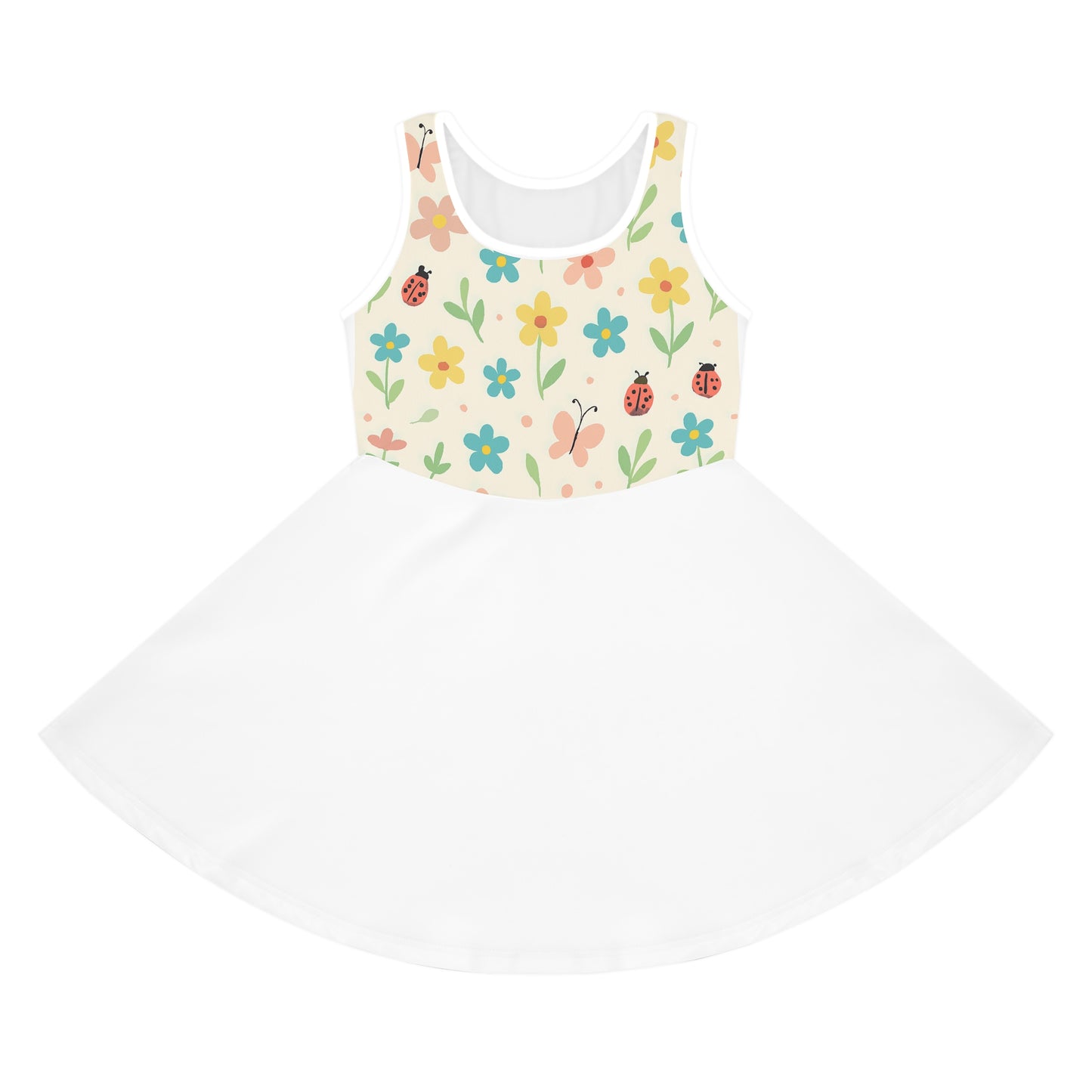 Girls’ Floral Ladybug Sundress – Sleeveless Twirl Dress for Spring & Summer | Garden Party Kids Dress Seam thread color automatically matched to design