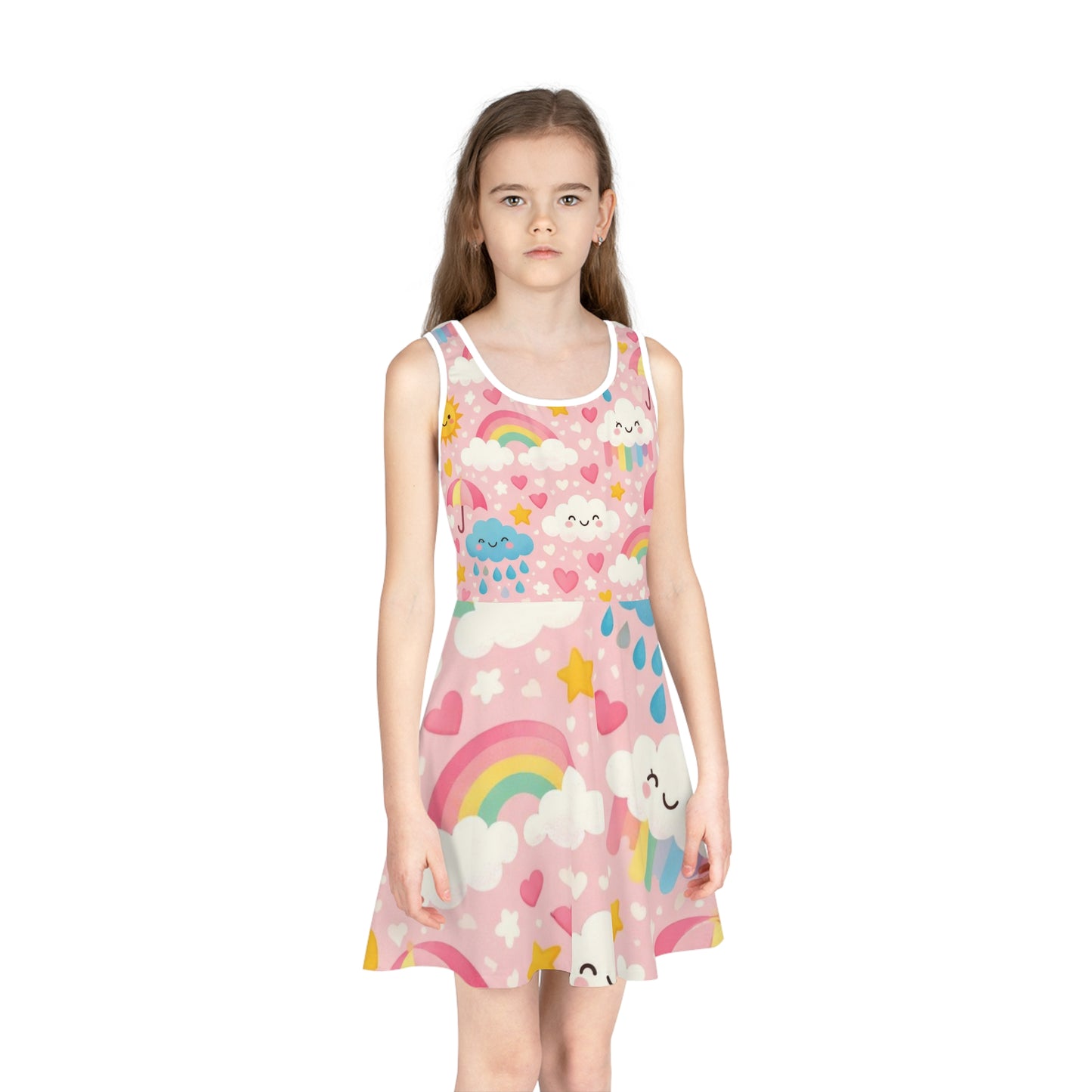 Girls Rainbow Cloud Sundress – Cute Kids Pink Kawaii Summer Dress for Toddlers & Little Girls Seam thread color automatically matched to design