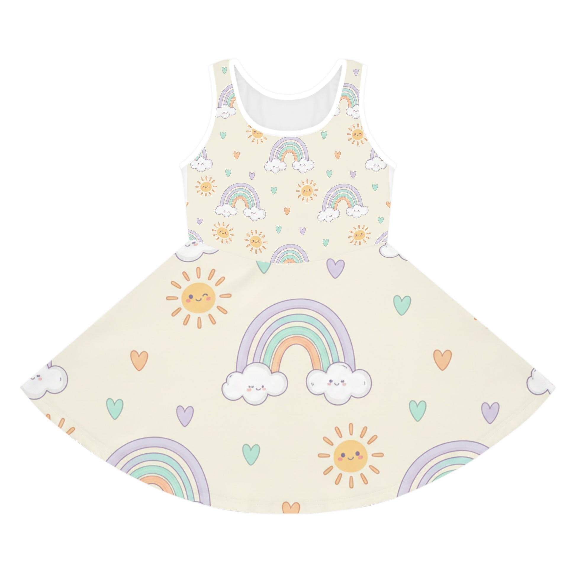 Girls Rainbow Sundress – Cute Kids Pastel Sun & Clouds Twirl Dress for Toddlers & Little Girls Seam thread color automatically matched to design