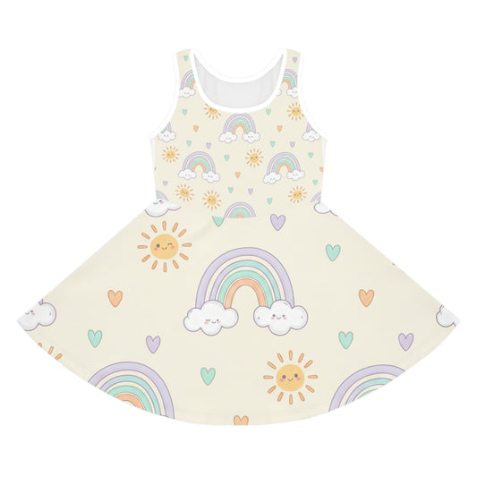 Girls Rainbow Sundress – Cute Kids Pastel Sun & Clouds Twirl Dress for Toddlers & Little Girls Seam thread color automatically matched to design