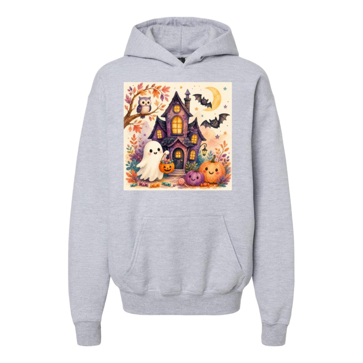 Kids Halloween Hoodie – Ghost & Pumpkin Fleece Pullover Sport Grey