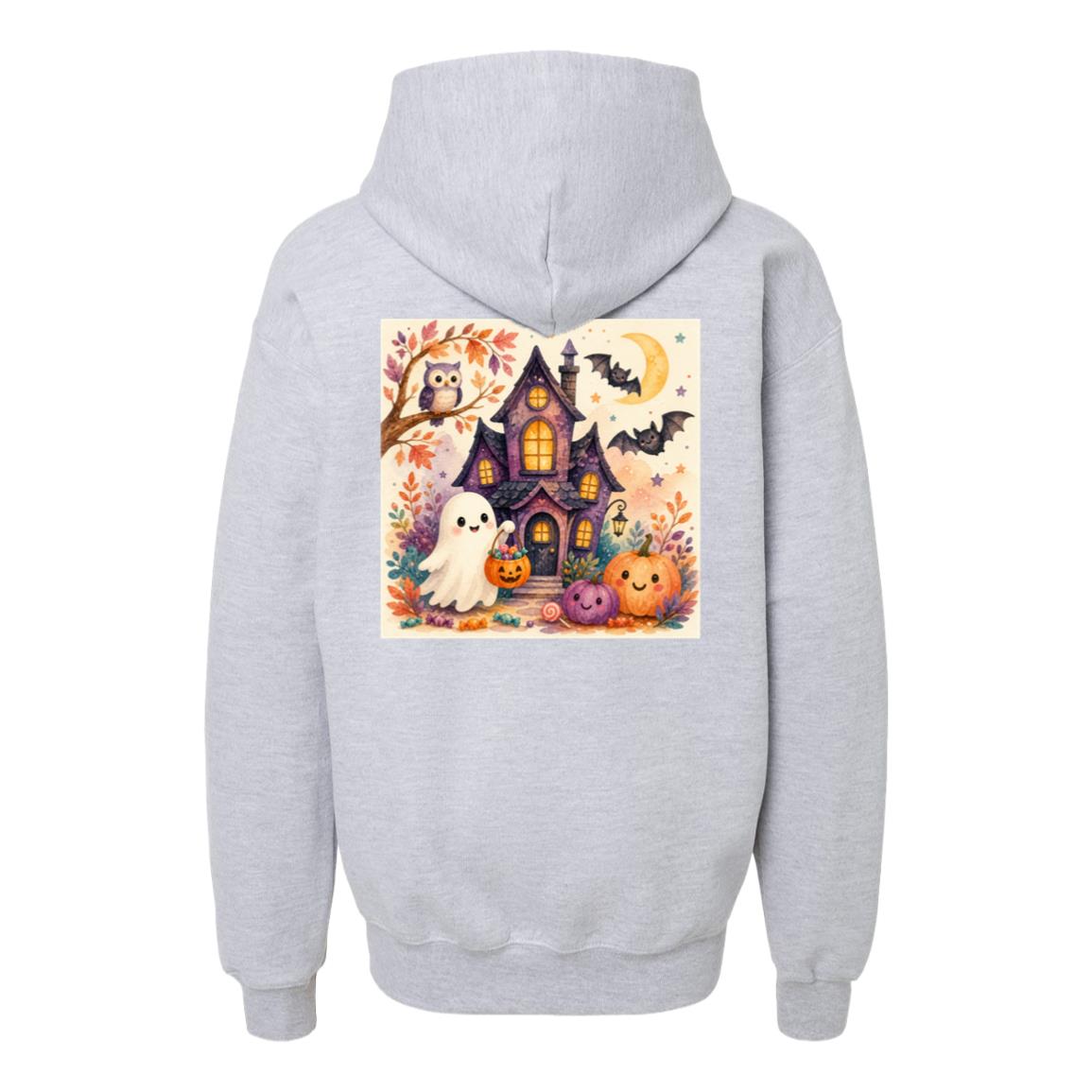 Kids Halloween Hoodie – Ghost & Pumpkin Fleece Pullover Sport Grey