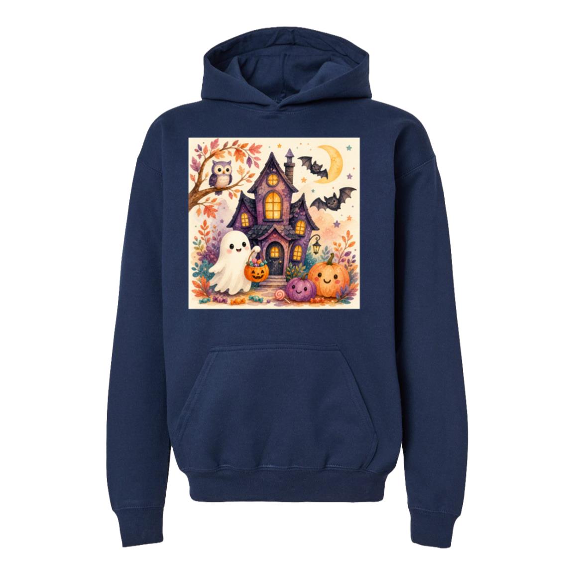 Kids Halloween Hoodie – Ghost & Pumpkin Fleece Pullover Navy