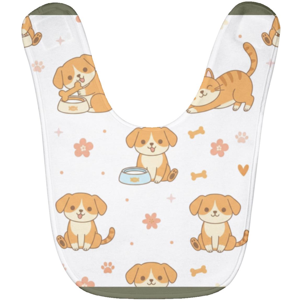 Baby Bib – Cute Puppy Print | Soft Fleece Mealtime Bib for Newborns to 36 Months Olive One Size
