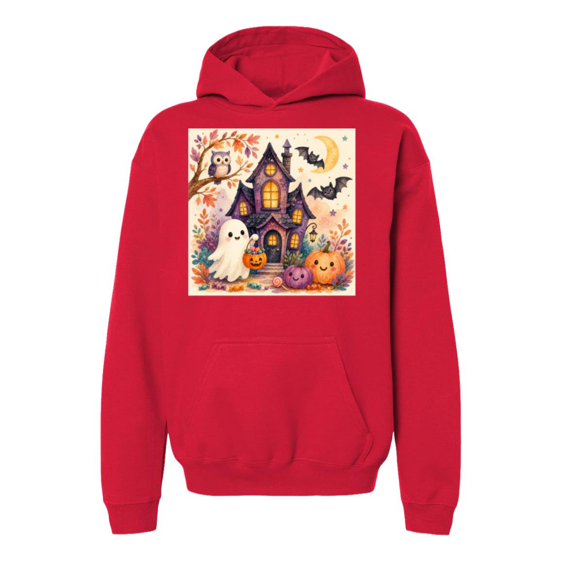 Kids Halloween Hoodie – Ghost & Pumpkin Fleece Pullover Red