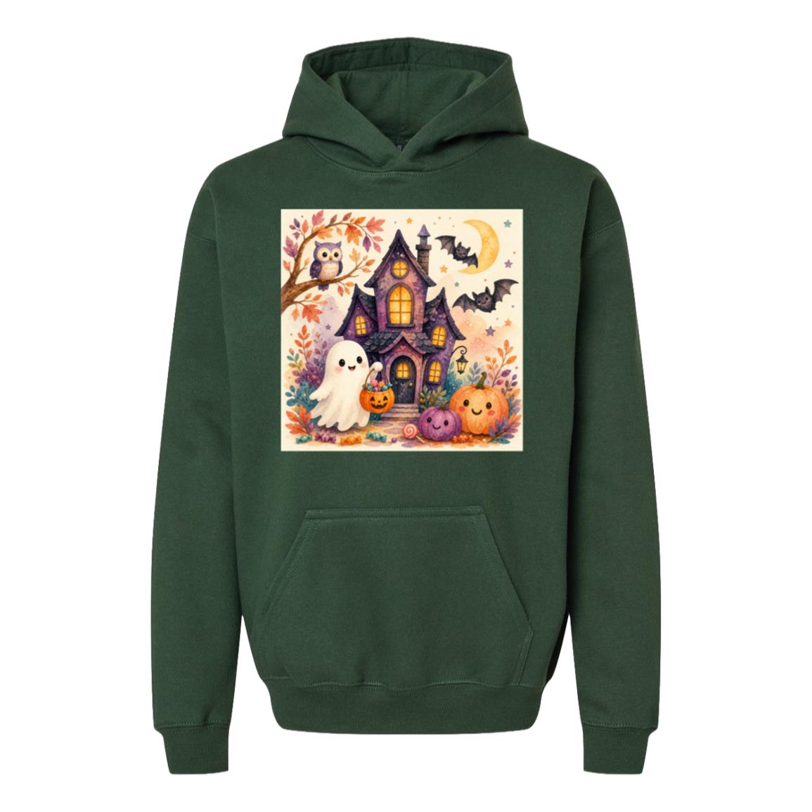 Kids Halloween Hoodie – Ghost & Pumpkin Fleece Pullover Forest