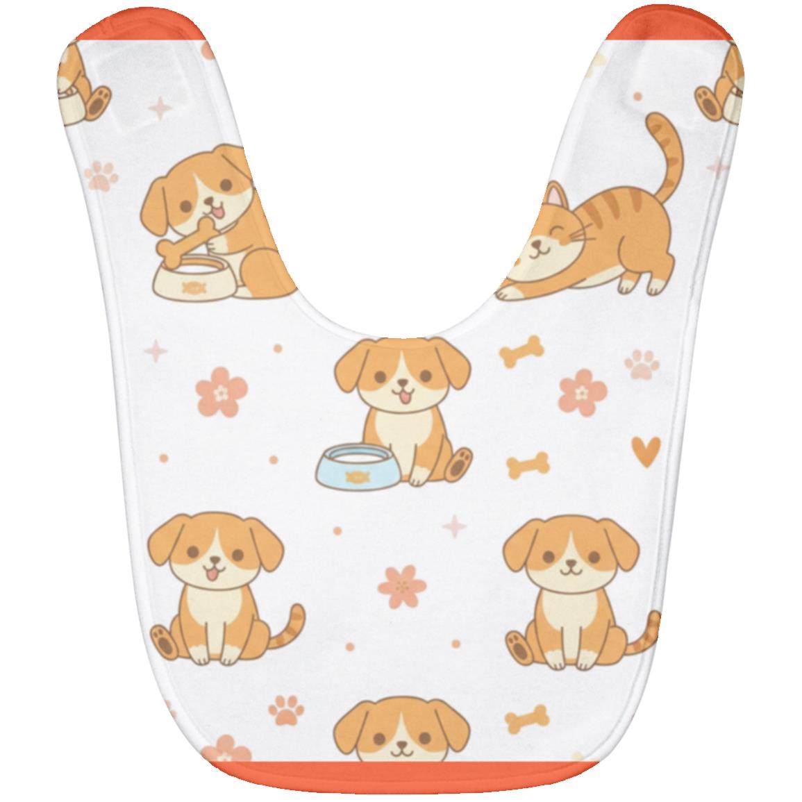 Baby Bib – Cute Puppy Print | Soft Fleece Mealtime Bib for Newborns to 36 Months Safety Orange One Size