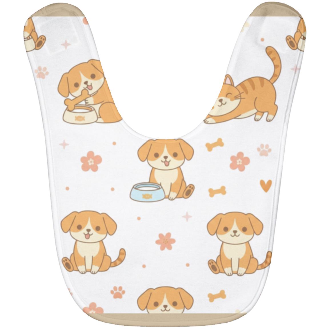 Baby Bib – Cute Puppy Print | Soft Fleece Mealtime Bib for Newborns to 36 Months Tan One Size