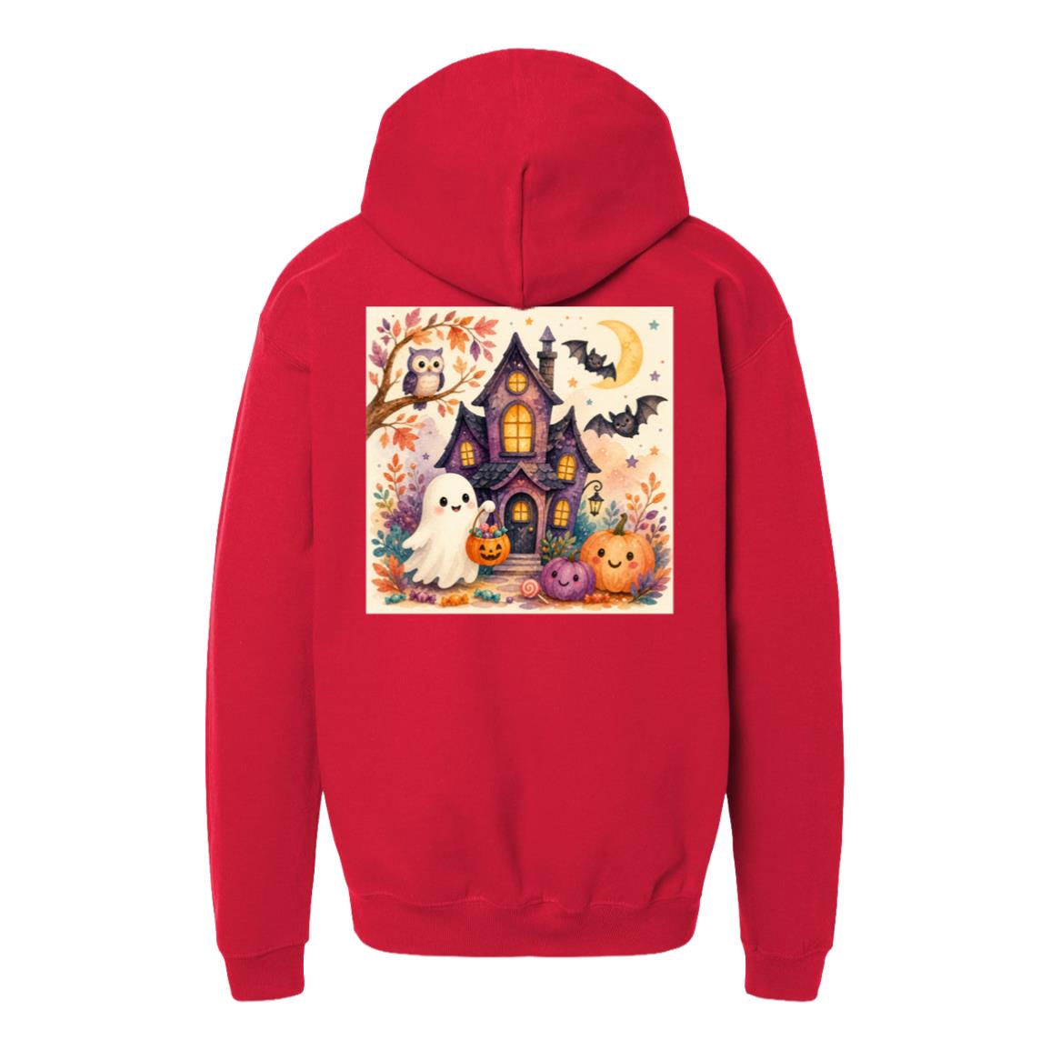 Kids Halloween Hoodie – Ghost & Pumpkin Fleece Pullover Red