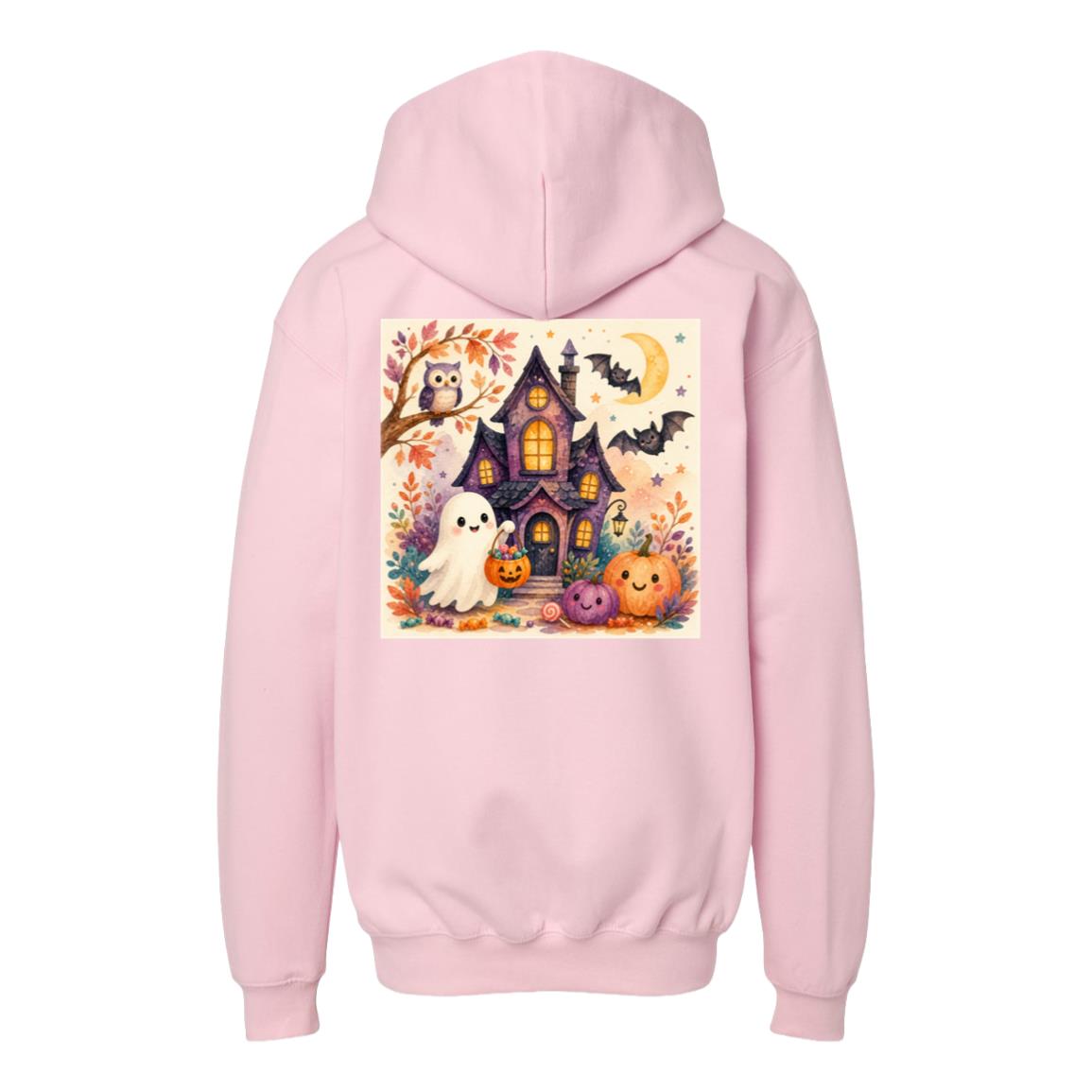 Kids Halloween Hoodie – Ghost & Pumpkin Fleece Pullover Light Pink