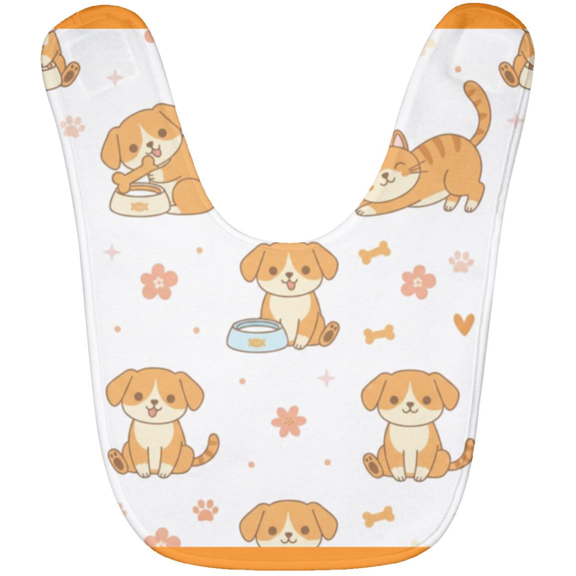 Baby Bib – Cute Puppy Print | Soft Fleece Mealtime Bib for Newborns to 36 Months Orange One Size