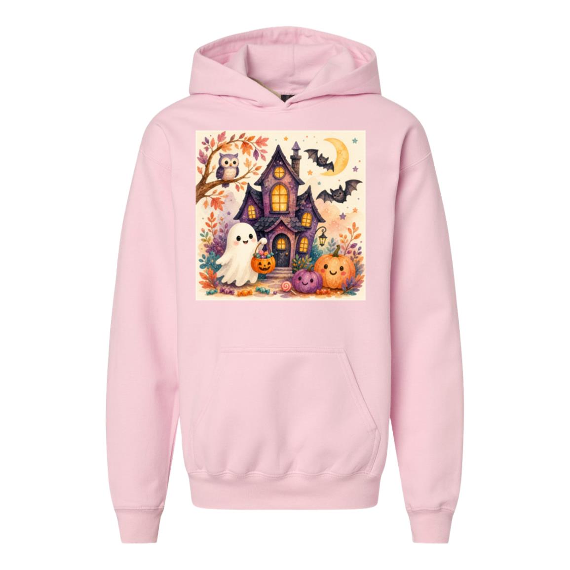 Kids Halloween Hoodie – Ghost & Pumpkin Fleece Pullover Light Pink