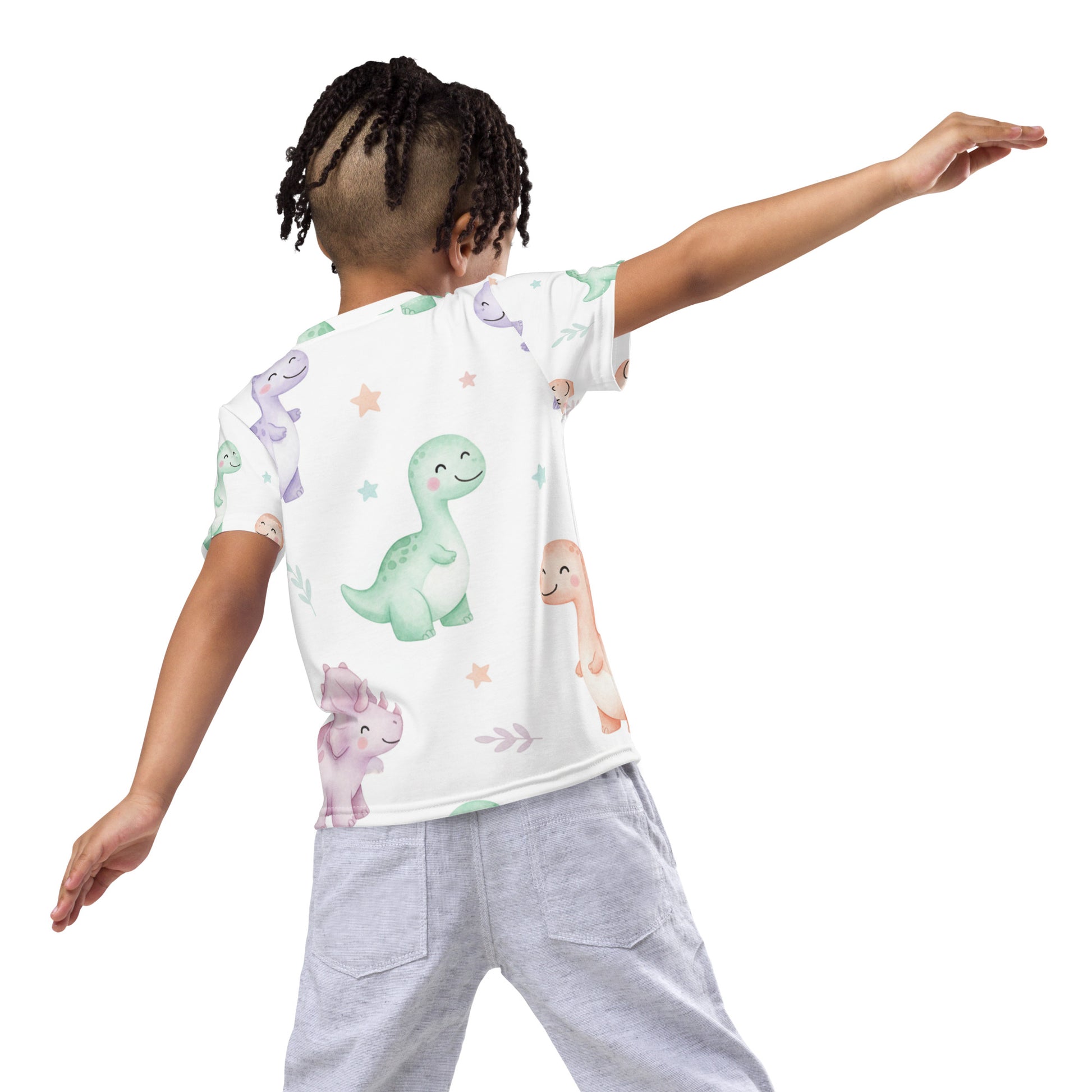 Kids Pastel Kawaii Dinosaur T-Shirt – Cute Boys & Girls Smiling Dino All-Over Print Tee for Everyday Wear 7