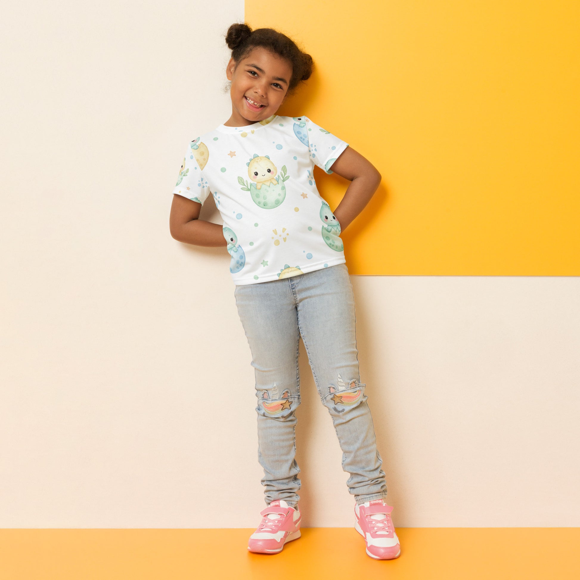 Kids Hatching Dino Eggs T-Shirt – Cute Boys & Girls Kawaii Baby Dinosaur All-Over Print Tee 7