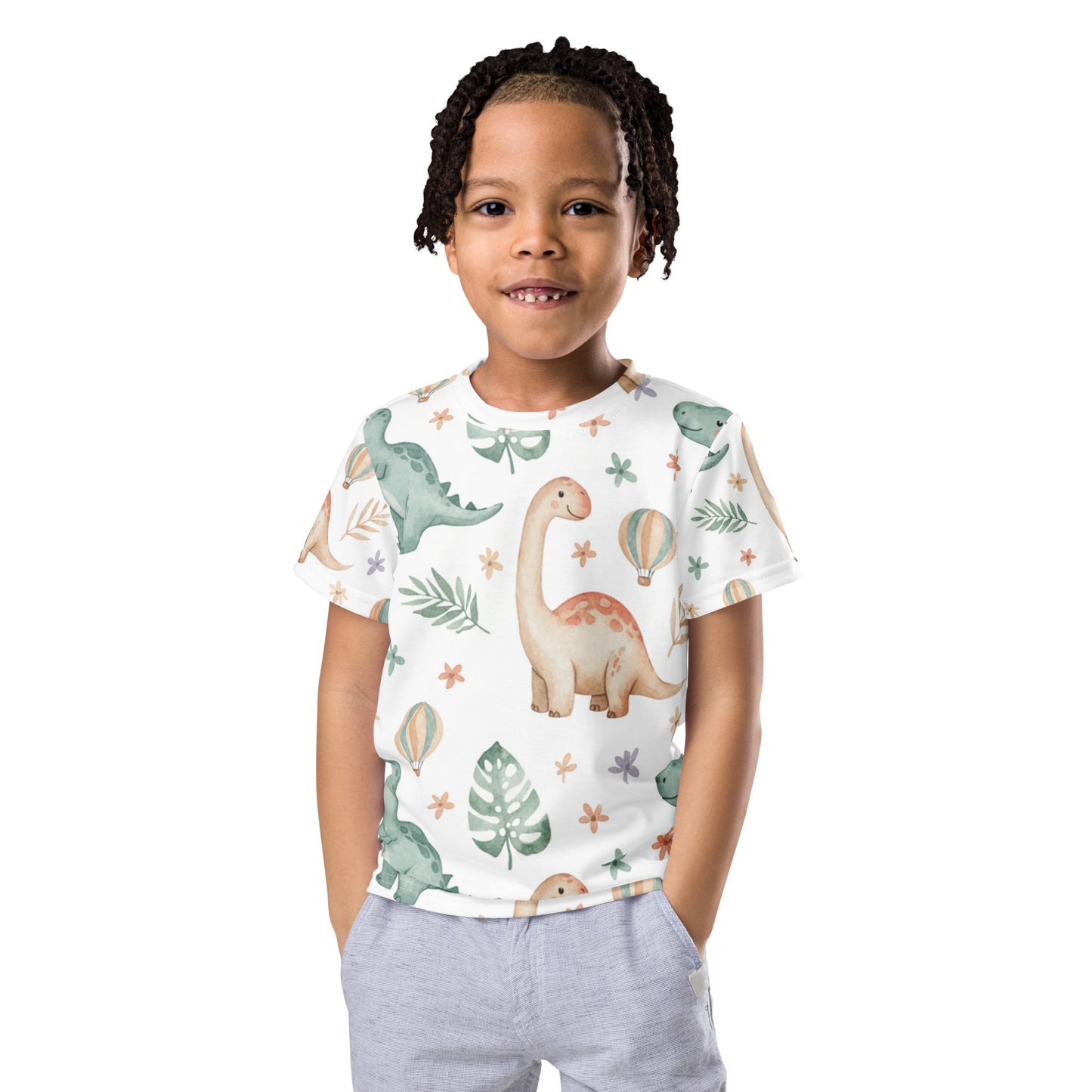 Kids Watercolor Jungle Dinosaur T-Shirt – Cute Boys & Girls Dino All-Over Print Tee for Playdates & Everyday Wear 7